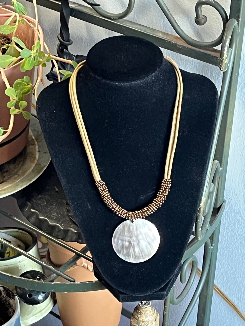 Lia Sophia Harvest Moon Multi-Strand Cord Pendant Necklace Abalone Shell Boho